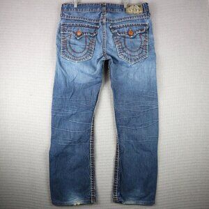 True Religion Super T Thick Embroidered Faded Straight Cut Denim Jeans Mens 36W